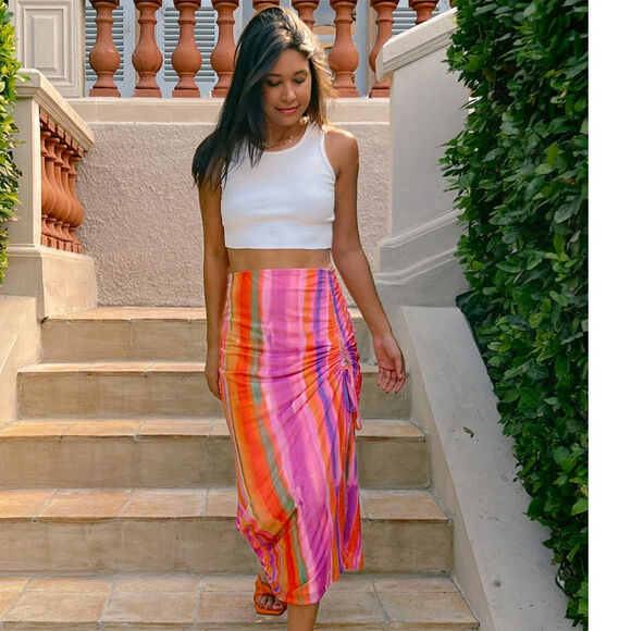 Show Me Your Mumu Dazy Sunrise Stripe Skirt Size XS Mesh Pink Orange NEW - Picture 2 of 6